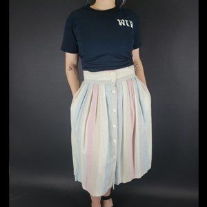 70s/80s Muted Pastel Striped Button Front Pleated Skirt